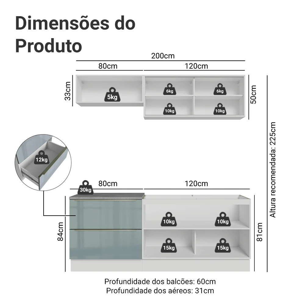 Armário de Cozinha Compacta 200 x 60 cm Branco/Cinza Lux Madesa 01 - Image 3