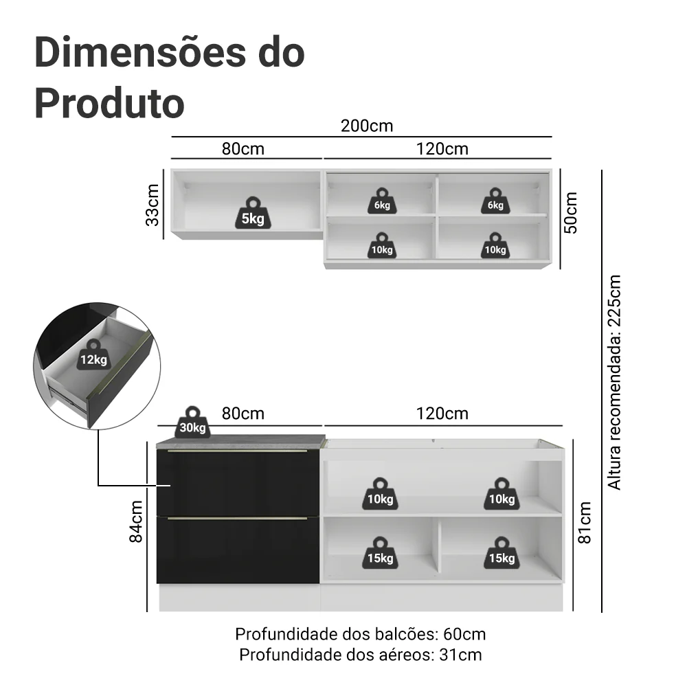Armário de Cozinha Compacta 200 x 60 cm Branco/Preto Lux Madesa 01 - Image 3