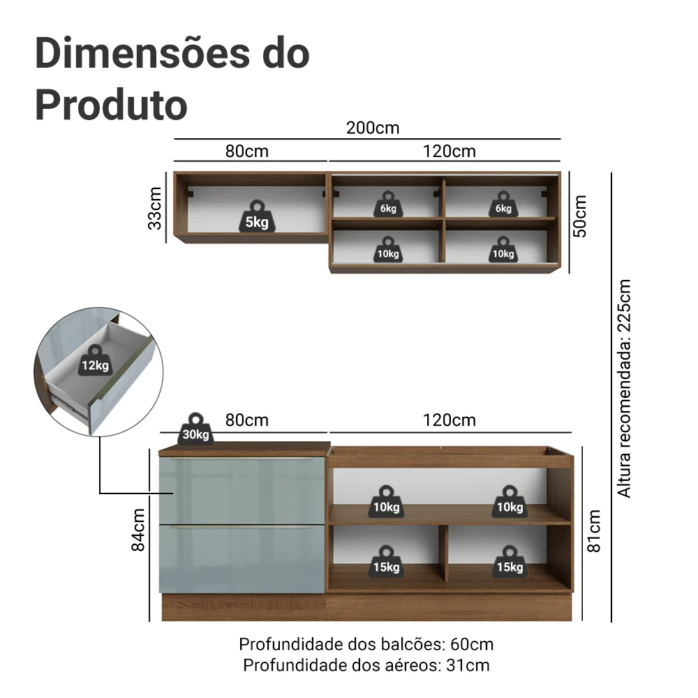 Armário de Cozinha Compacta 200 x 60 cm Rustic/Cinza Lux Madesa 01 - Image 3