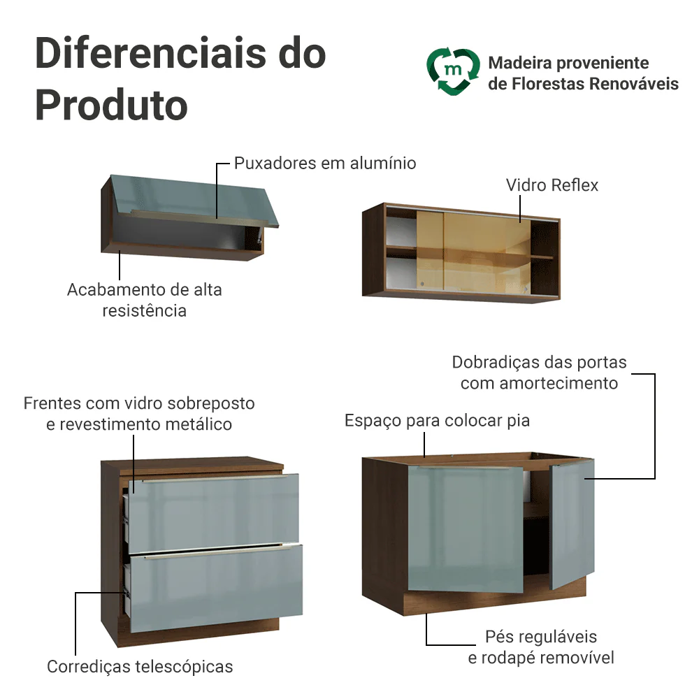 Armário de Cozinha Compacta 200 x 60 cm Rustic/Cinza Lux Madesa 01 - Image 4