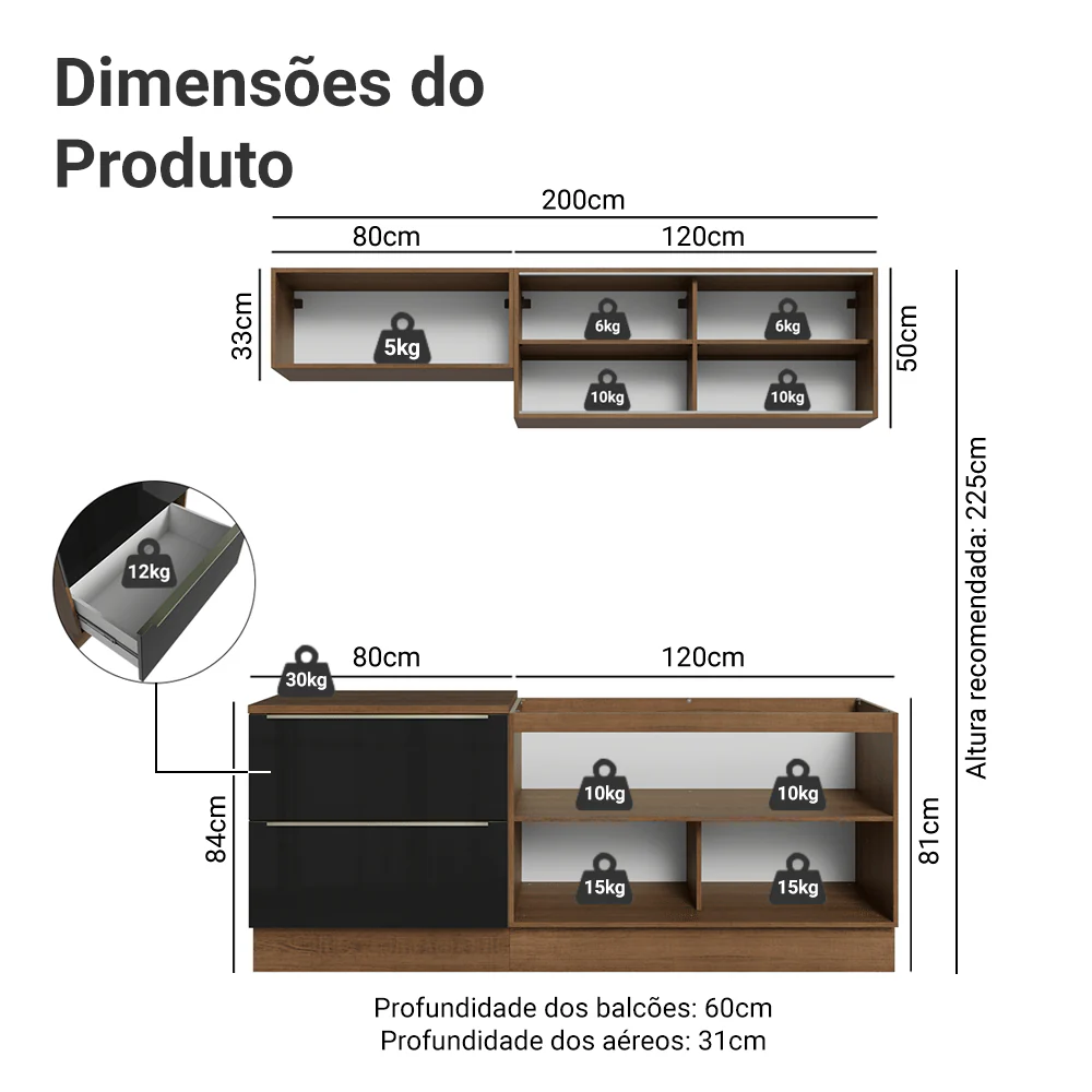 Armário de Cozinha Compacta 200 x 60 cm Rustic/Preto Lux Madesa 01 - Image 3