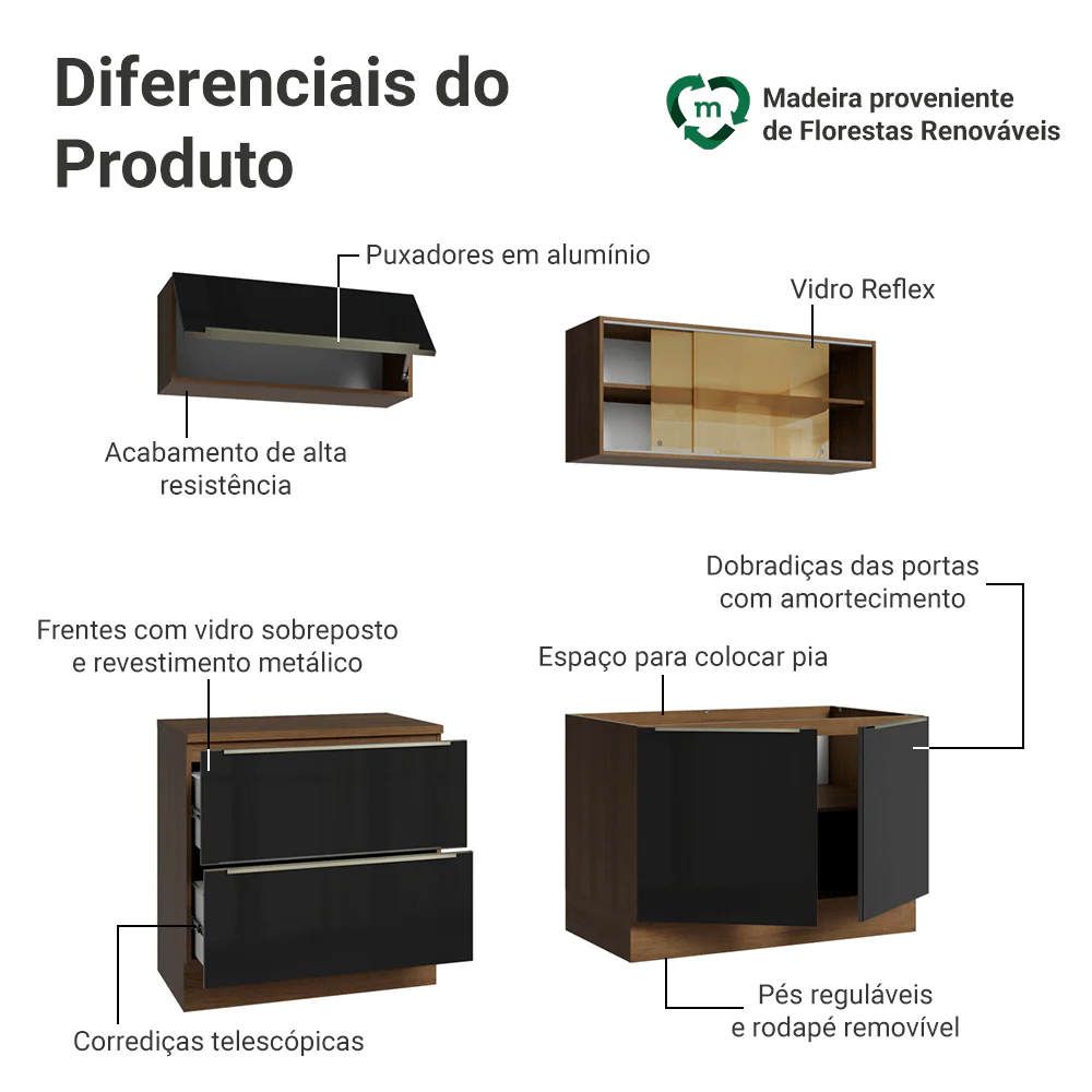 Armário de Cozinha Compacta 200 x 60 cm Rustic/Preto Lux Madesa 01 - Image 4