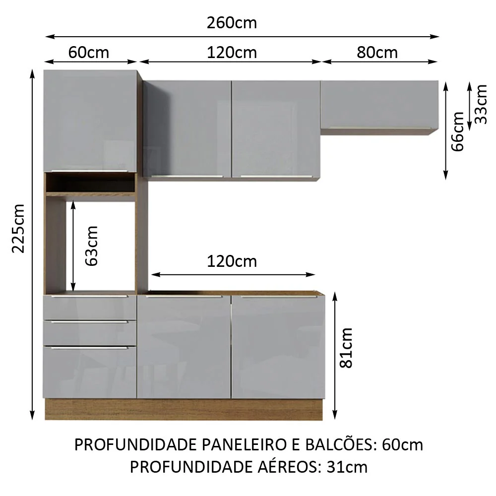 Armário de Cozinha Completa 260 x 60 cm Rustic/Cinza Lux Madesa 03 - Image 3