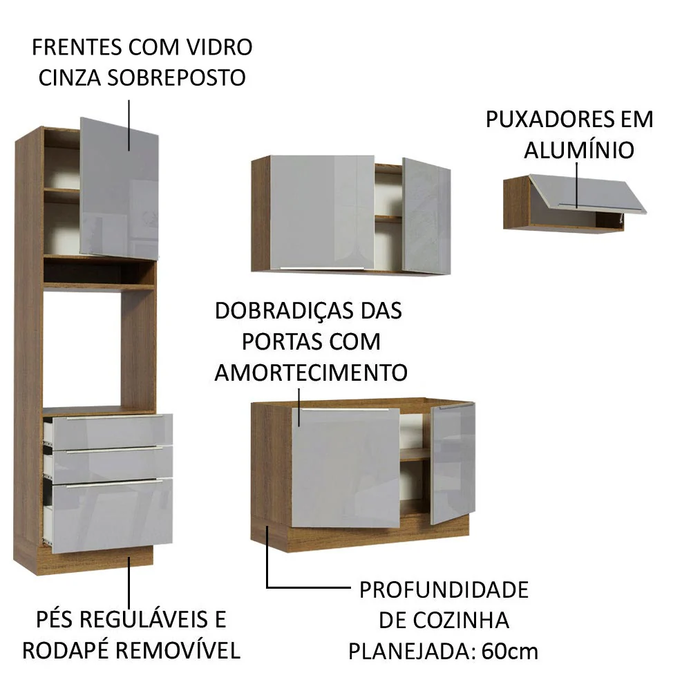 Armário de Cozinha Completa 260 x 60 cm Rustic/Cinza Lux Madesa 03 - Image 4