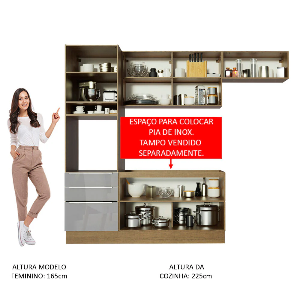 Armário de Cozinha Completa 260 x 60 cm Rustic/Cinza Lux Madesa 03 - Image 5