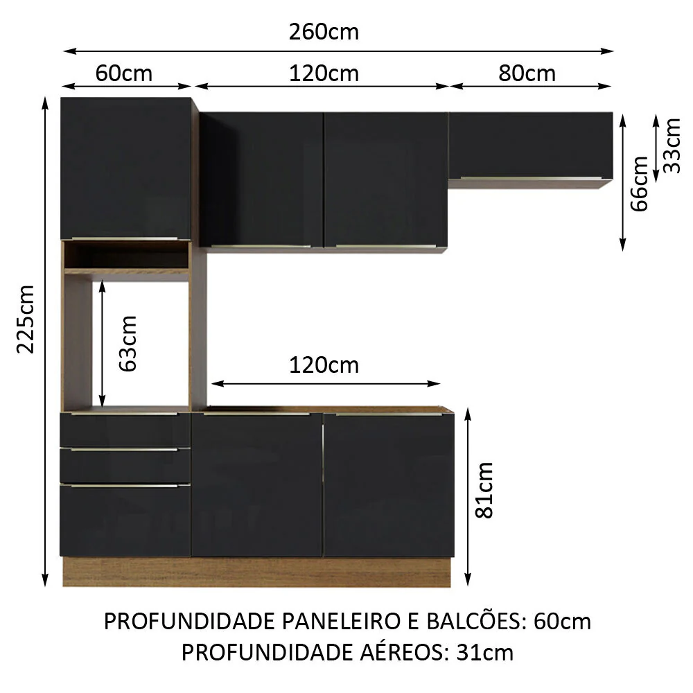 Armário de Cozinha Completa 260 x 60 cm Rustic/Preto Lux Madesa 03 - Image 3