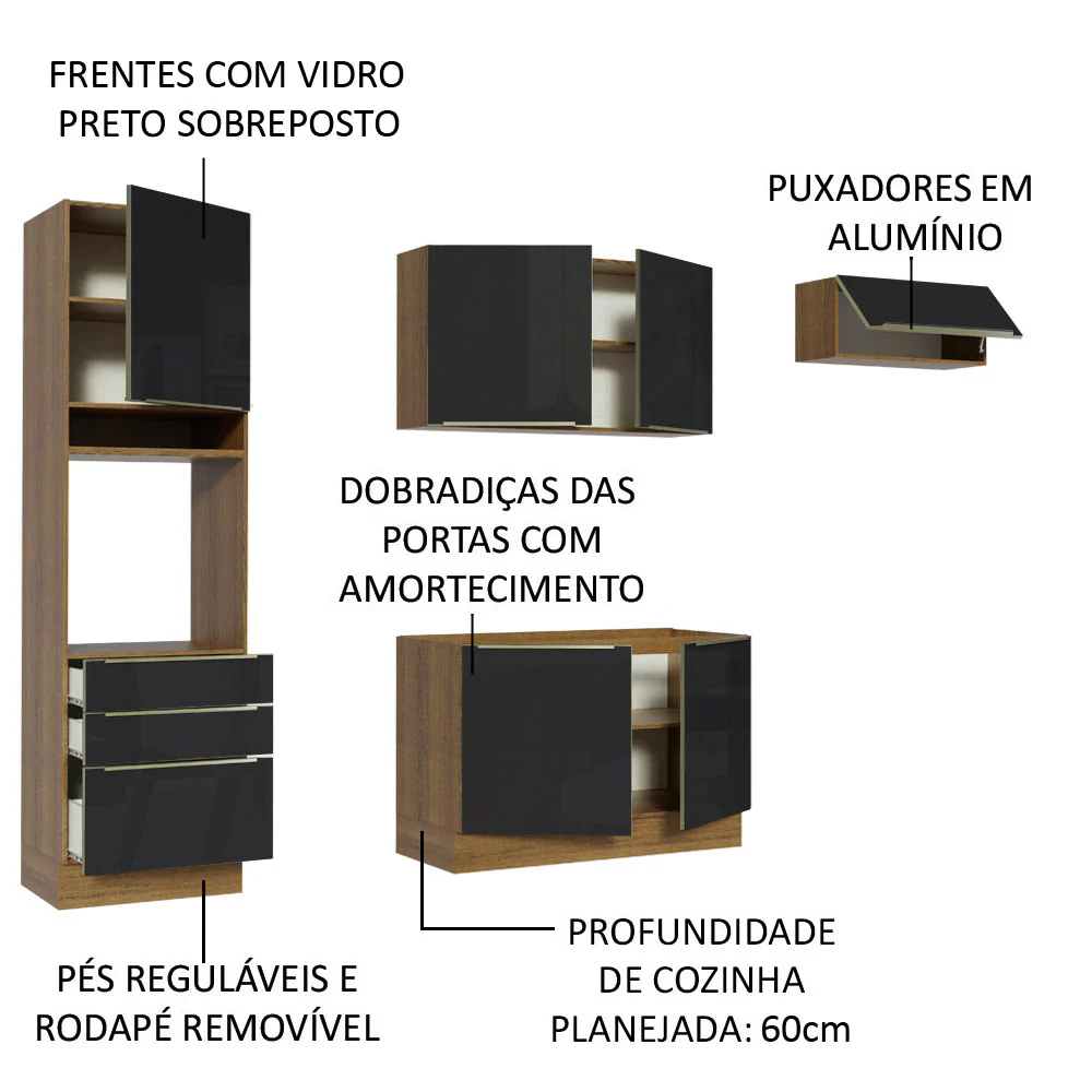 Armário de Cozinha Completa 260 x 60 cm Rustic/Preto Lux Madesa 03 - Image 4