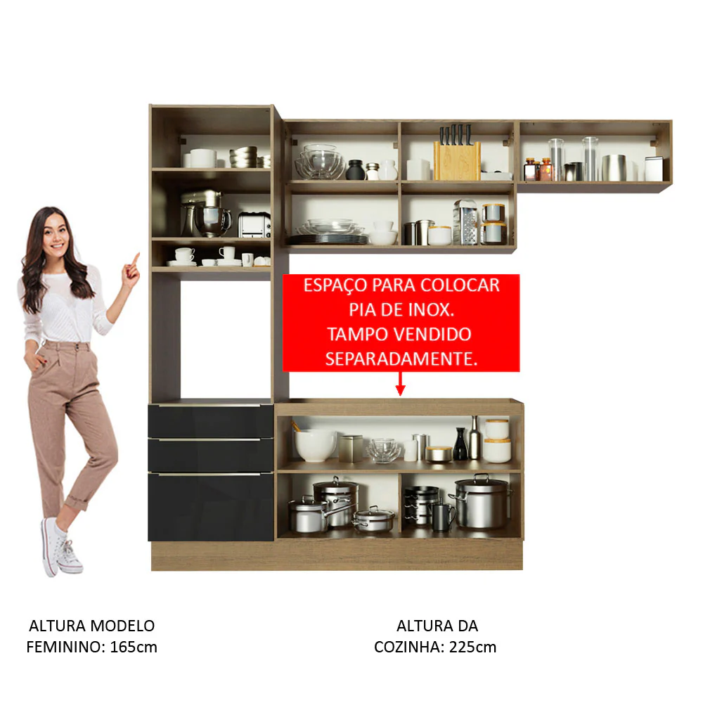 Armário de Cozinha Completa 260 x 60 cm Rustic/Preto Lux Madesa 03 - Image 5