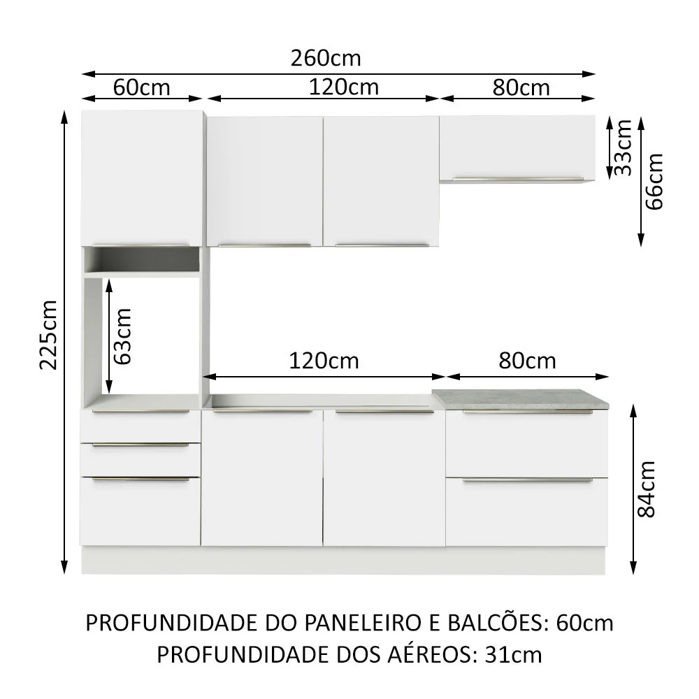 Armário de Cozinha Completa 260 x 60 cm Branco Branco Veludo Lux Madesa 01 - Image 3