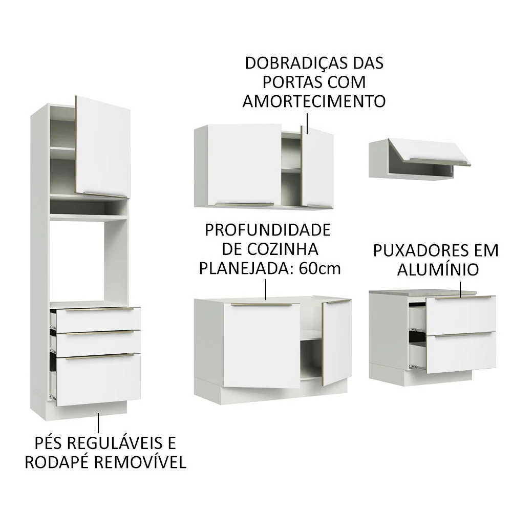 Armário de Cozinha Completa 260 x 60 cm Branco Branco Veludo Lux Madesa 01 - Image 4