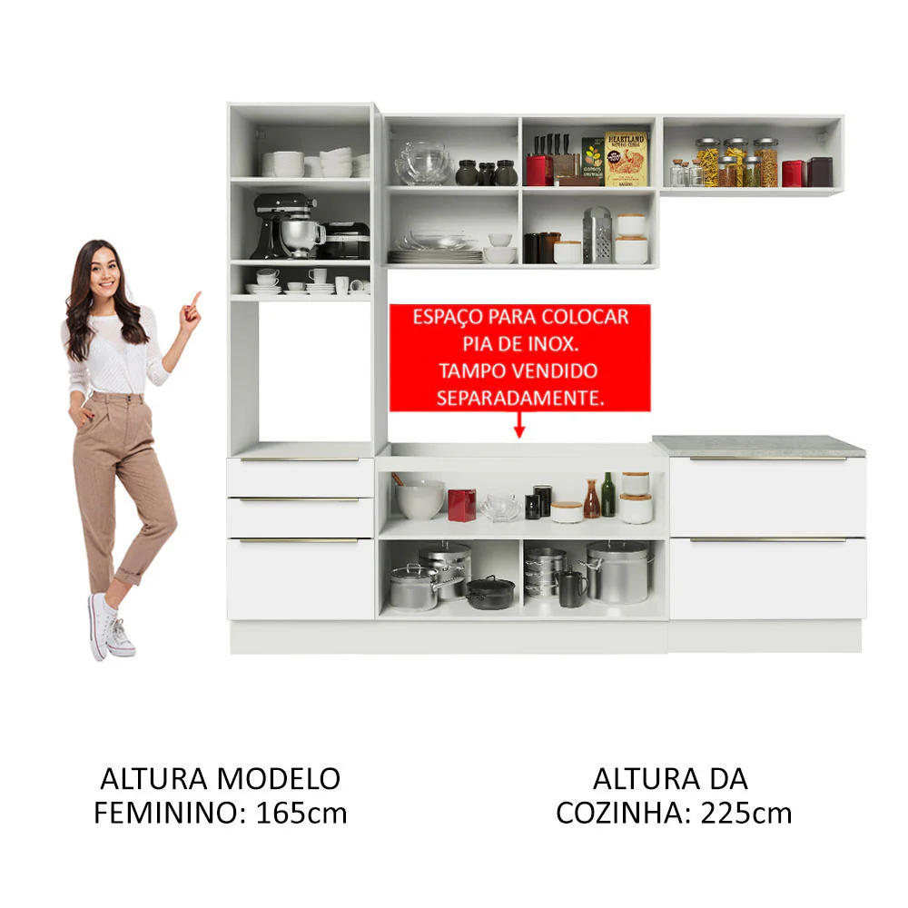 Armário de Cozinha Completa 260 x 60 cm Branco Branco Veludo Lux Madesa 01 - Image 5