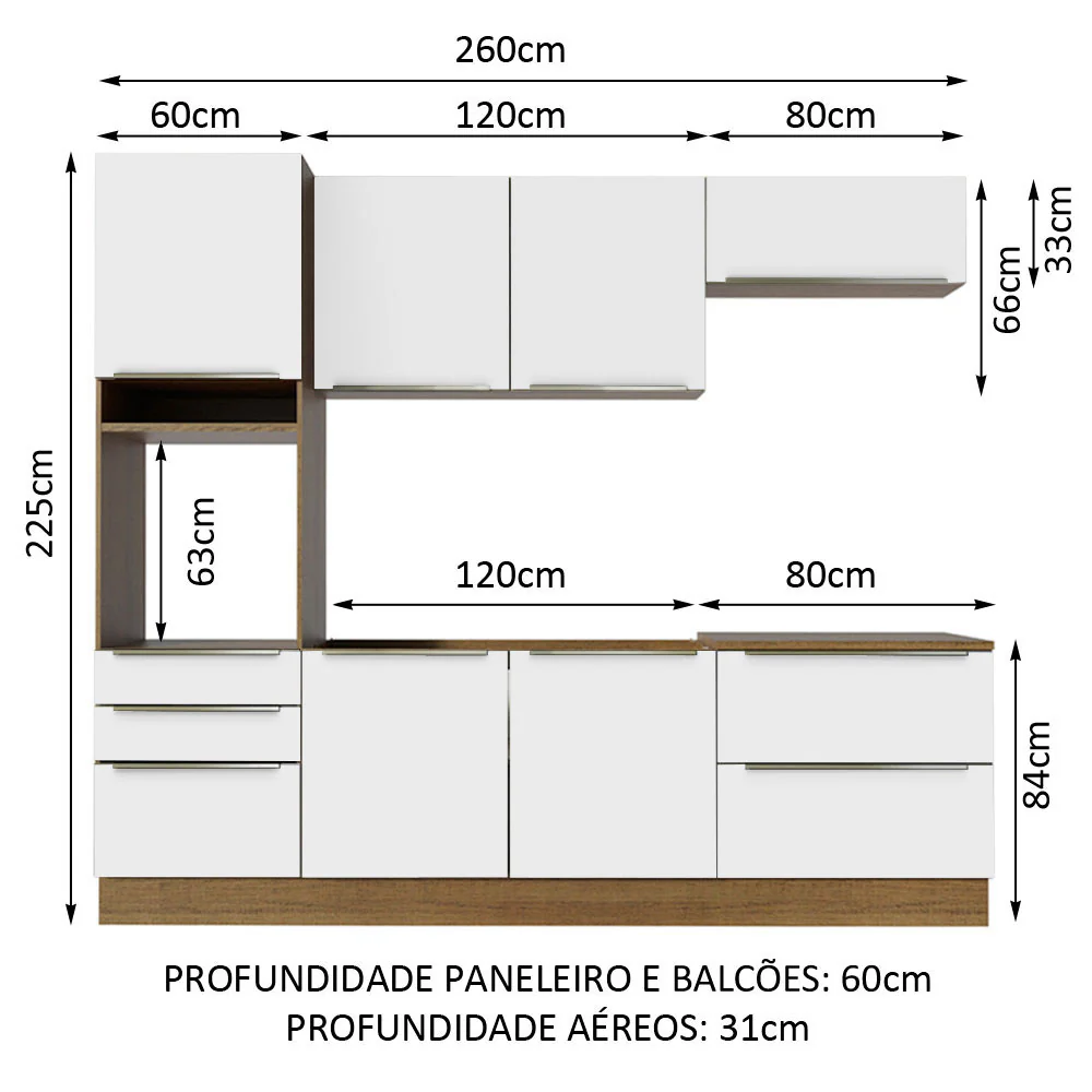 Armário de Cozinha Completa 260 x 60 cm Rustic Branco Veludo Lux Madesa 01 - Image 3