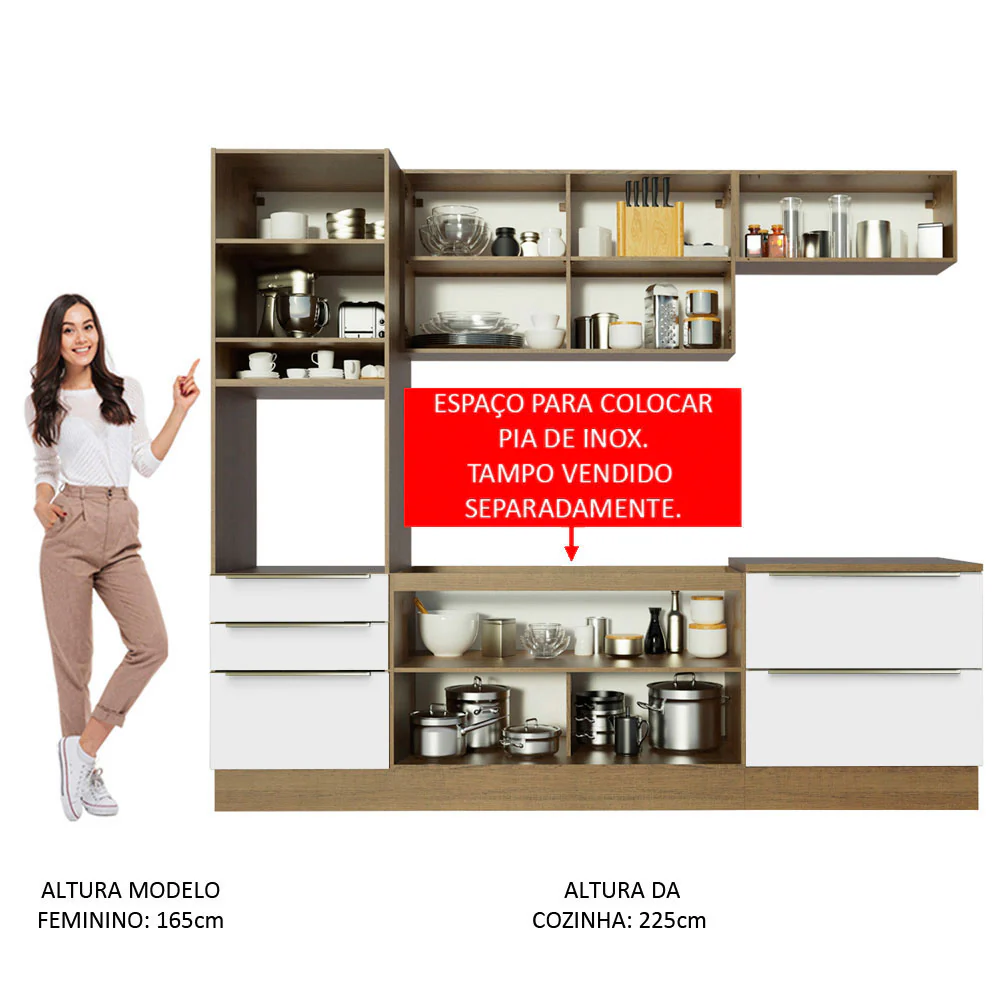 Armário de Cozinha Completa 260 x 60 cm Rustic Branco Veludo Lux Madesa 01 - Image 5