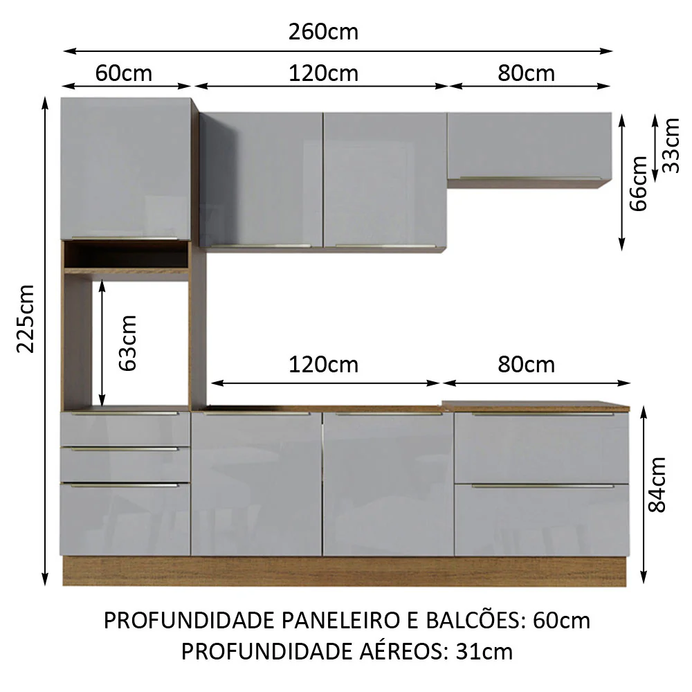 Armário de Cozinha Completa 260 x 60 cm Rustic/Cinza Lux Madesa 01 - Image 3
