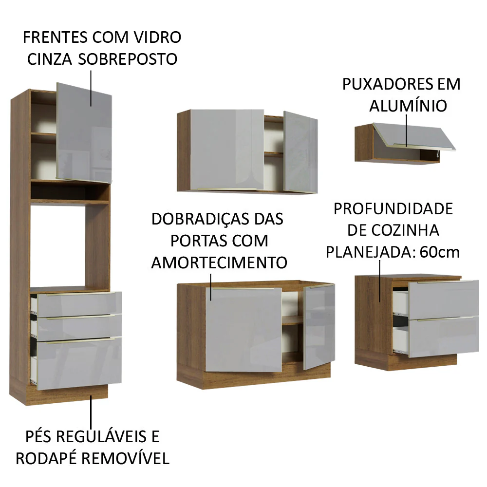Armário de Cozinha Completa 260 x 60 cm Rustic/Cinza Lux Madesa 01 - Image 4