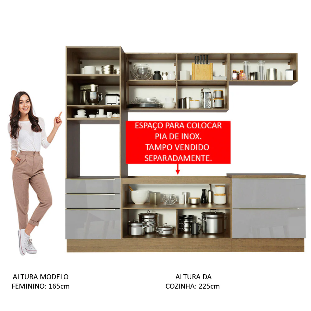 Armário de Cozinha Completa 260 x 60 cm Rustic/Cinza Lux Madesa 01 - Image 5