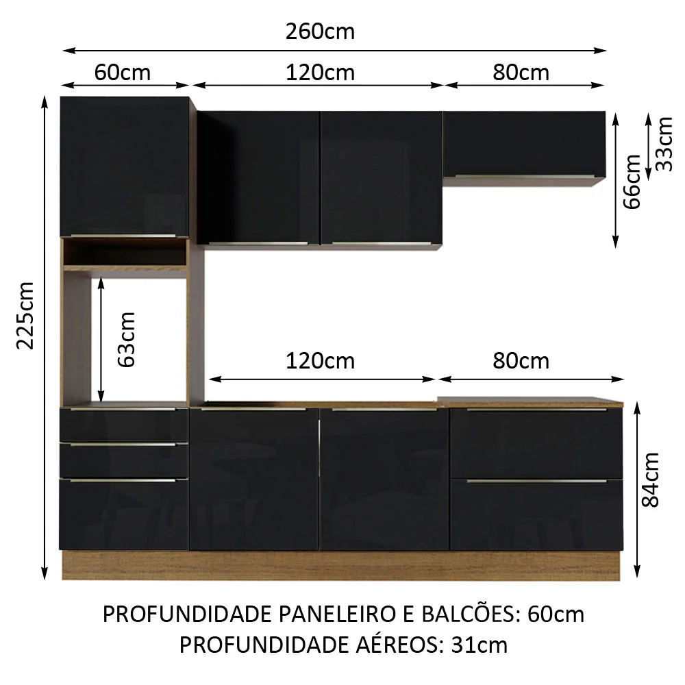 Armário de Cozinha Completa 260 x 60 cm Rustic/Preto Lux Madesa 01 - Image 3