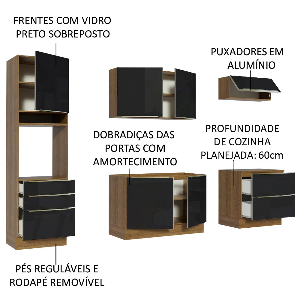 Armário de Cozinha Completa 260 x 60 cm Rustic/Preto Lux Madesa 01 - Image 4