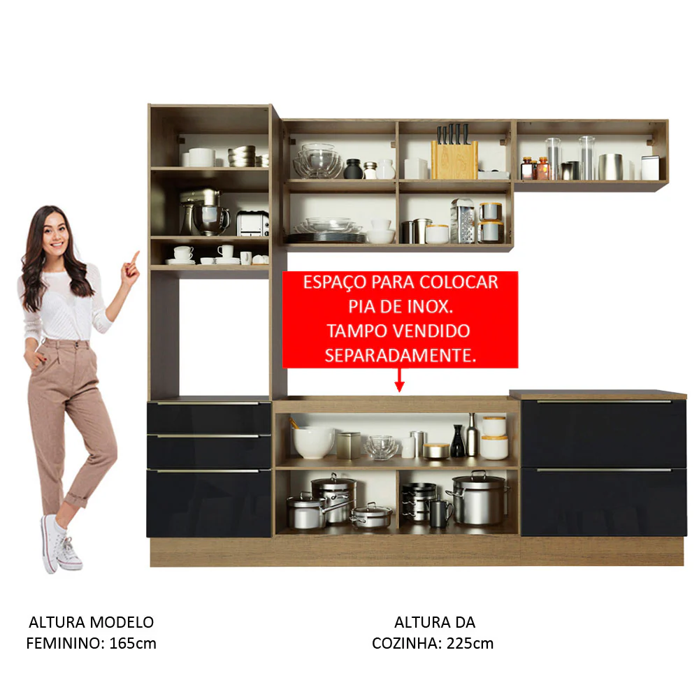 Armário de Cozinha Completa 260 x 60 cm Rustic/Preto Lux Madesa 01 - Image 5