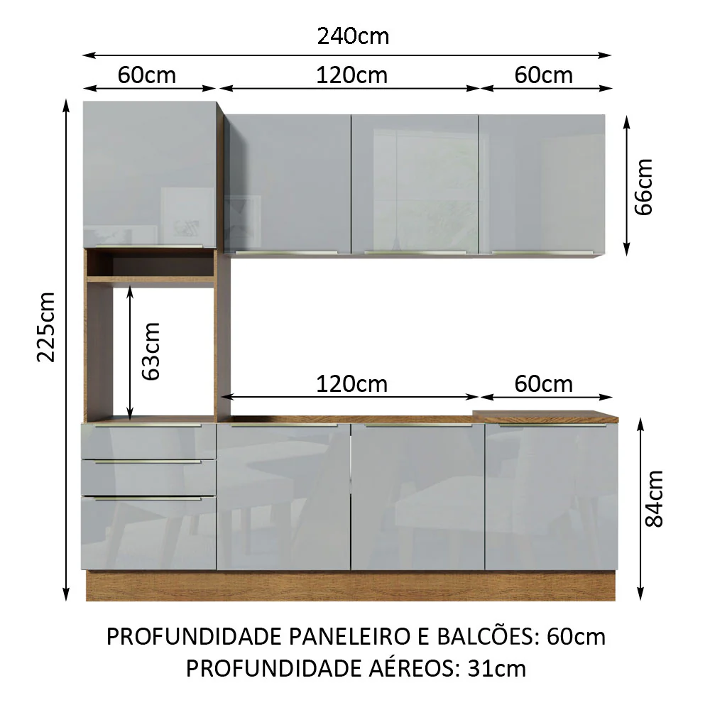 Armário de Cozinha Completa 240 x 60 cm Rustic/Cinza Lux Madesa 03 - Image 3