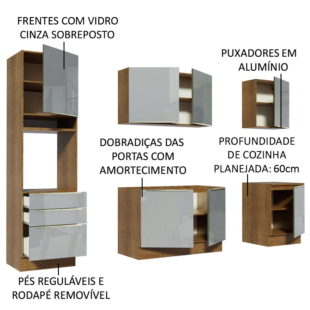 Armário de Cozinha Completa 240 x 60 cm Rustic/Cinza Lux Madesa 03 - Image 4