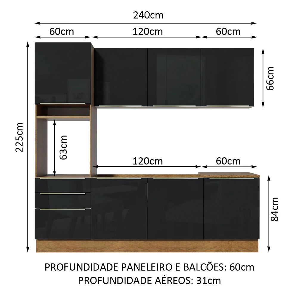 Armário de Cozinha Completa 240 x 60 cm Rustic/Preto Lux Madesa 03 - Image 3