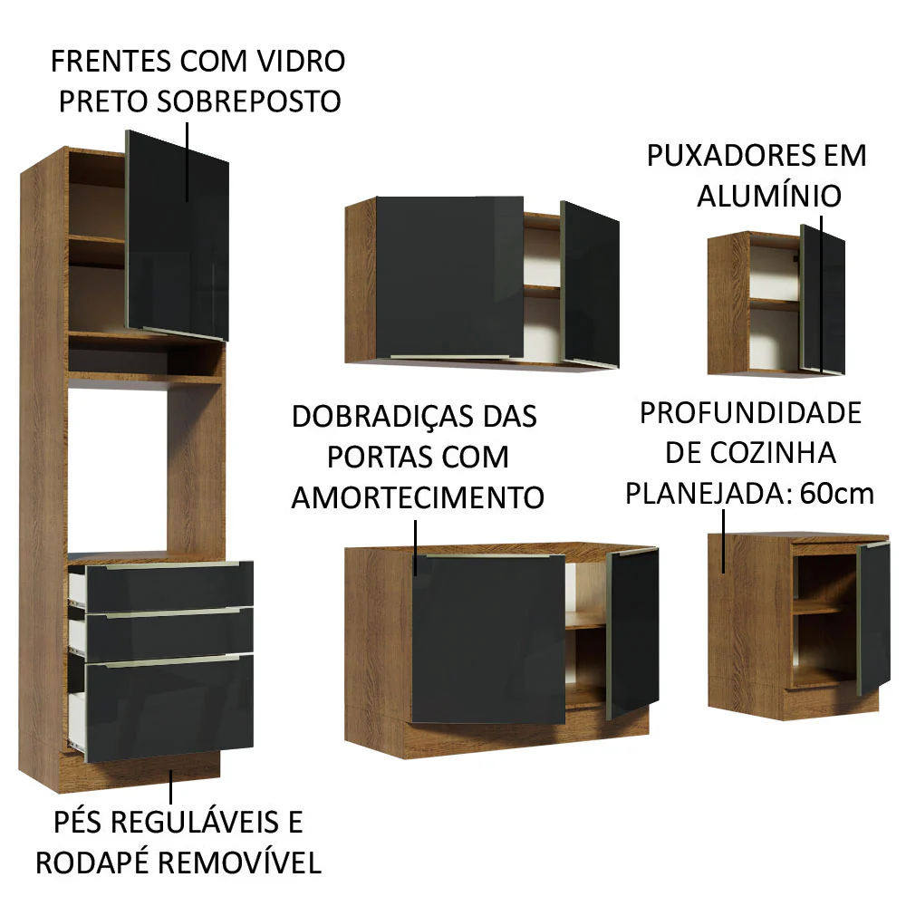 Armário de Cozinha Completa 240 x 60 cm Rustic/Preto Lux Madesa 03 - Image 4