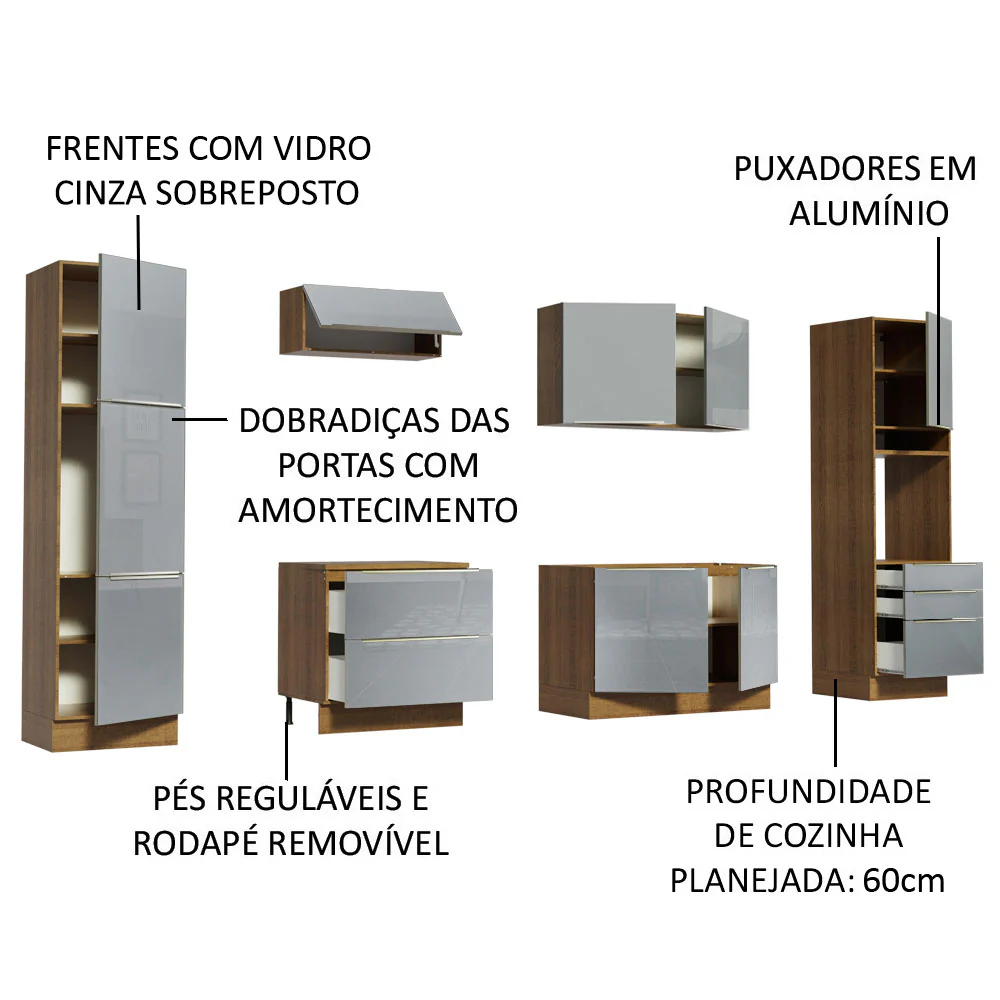 Armário de Cozinha Completa 320 x 60 cm Rustic/Cinza Lux Madesa 03 - Image 4