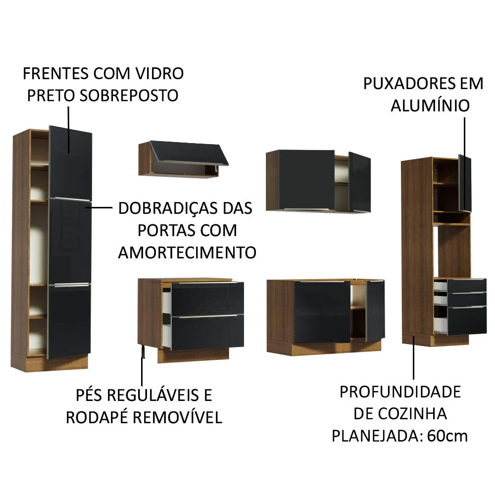 Armário de Cozinha Completa 320 x 60 cm Rustic/Preto Lux Madesa 03 - Image 4