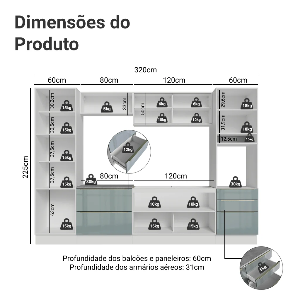 Armário de Cozinha Completa 320 x 60 cm Branco/Cinza Lux Madesa 01 - Image 3