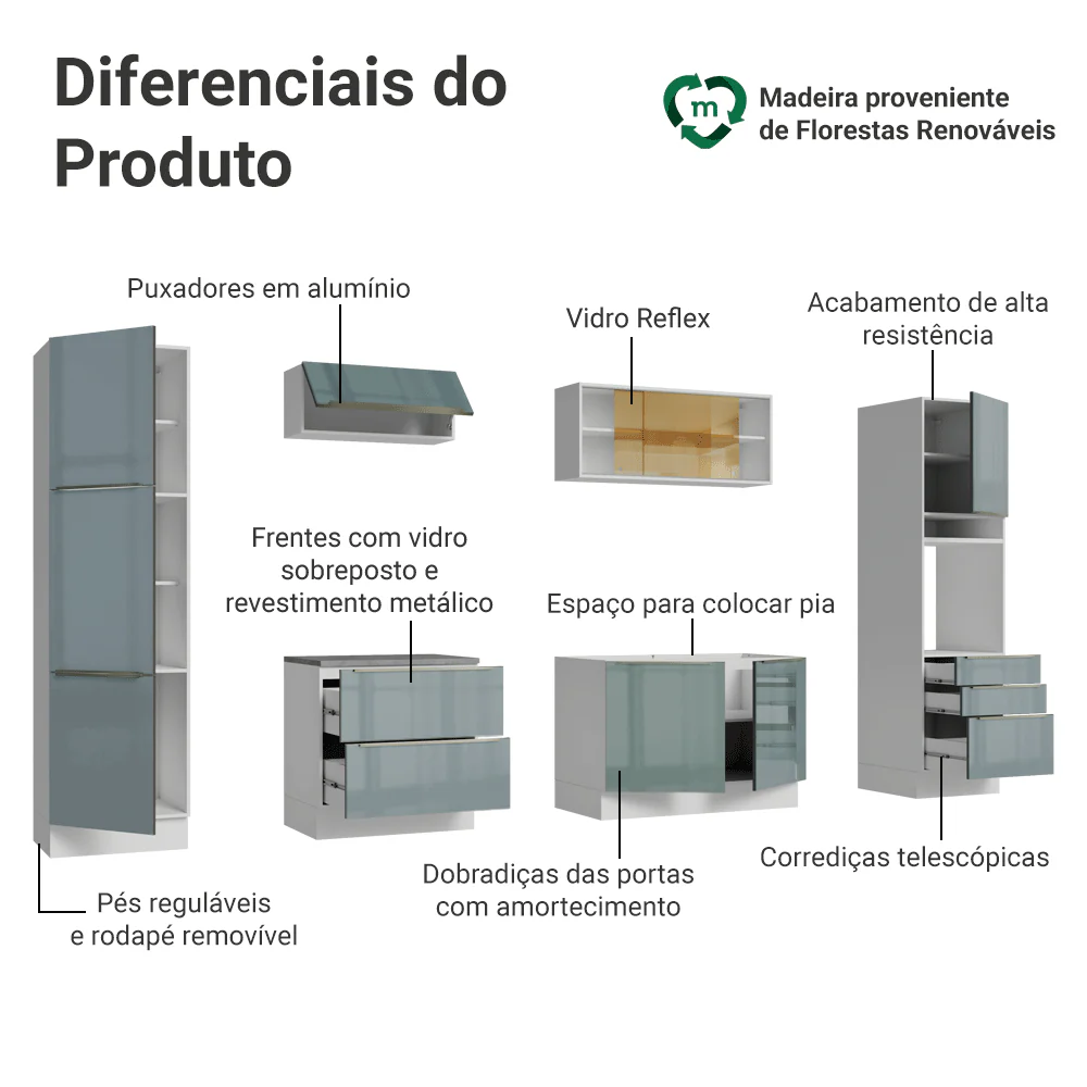 Armário de Cozinha Completa 320 x 60 cm Branco/Cinza Lux Madesa 01 - Image 4