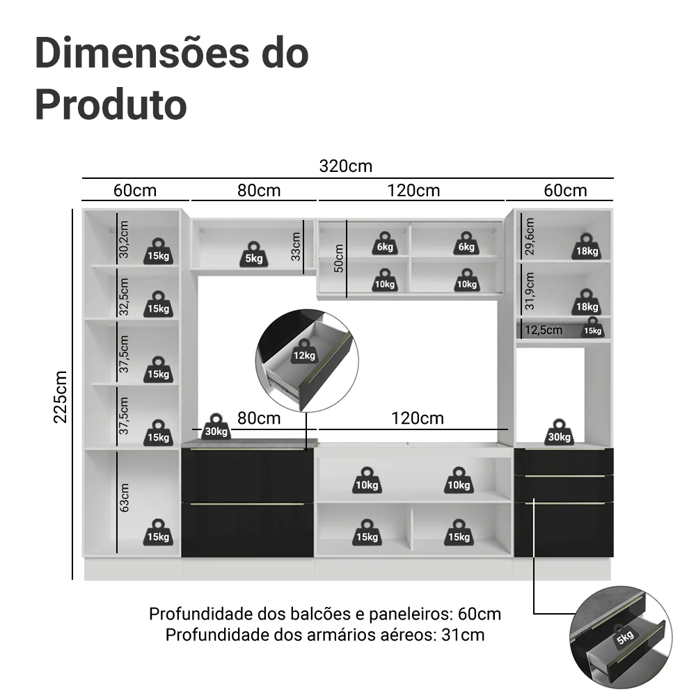 Armário de Cozinha Completa 320 x 60 cm Branco/Preto Lux Madesa 01 - Image 3