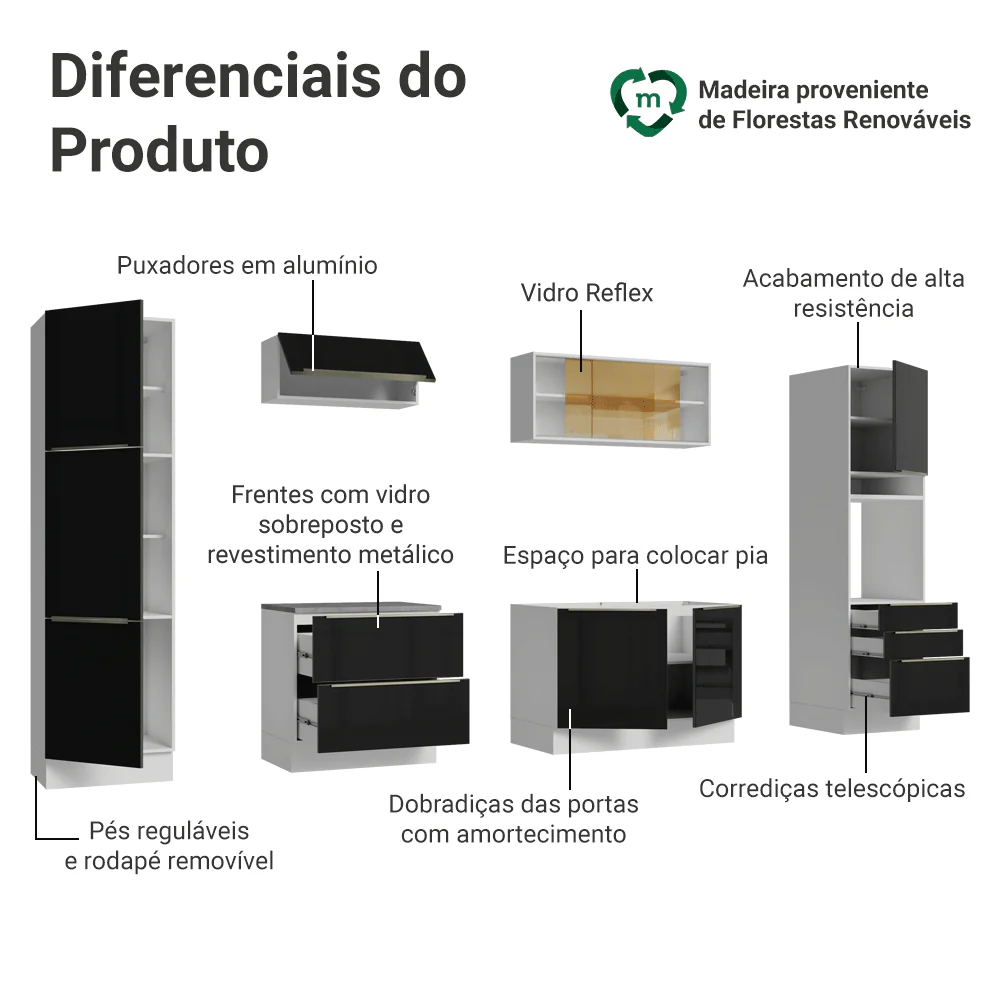 Armário de Cozinha Completa 320 x 60 cm Branco/Preto Lux Madesa 01 - Image 4