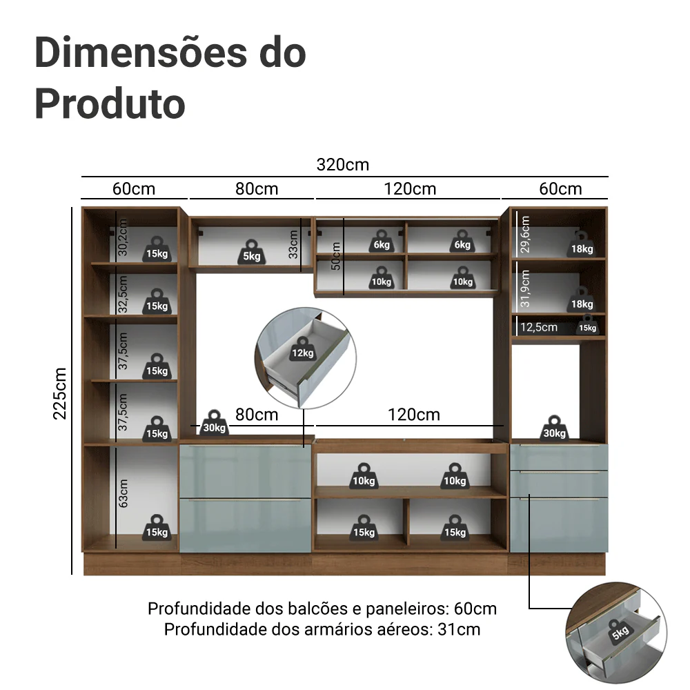 Armário de Cozinha Completa 320 x 60 cm Rustic/Cinza Lux Madesa 01 - Image 3