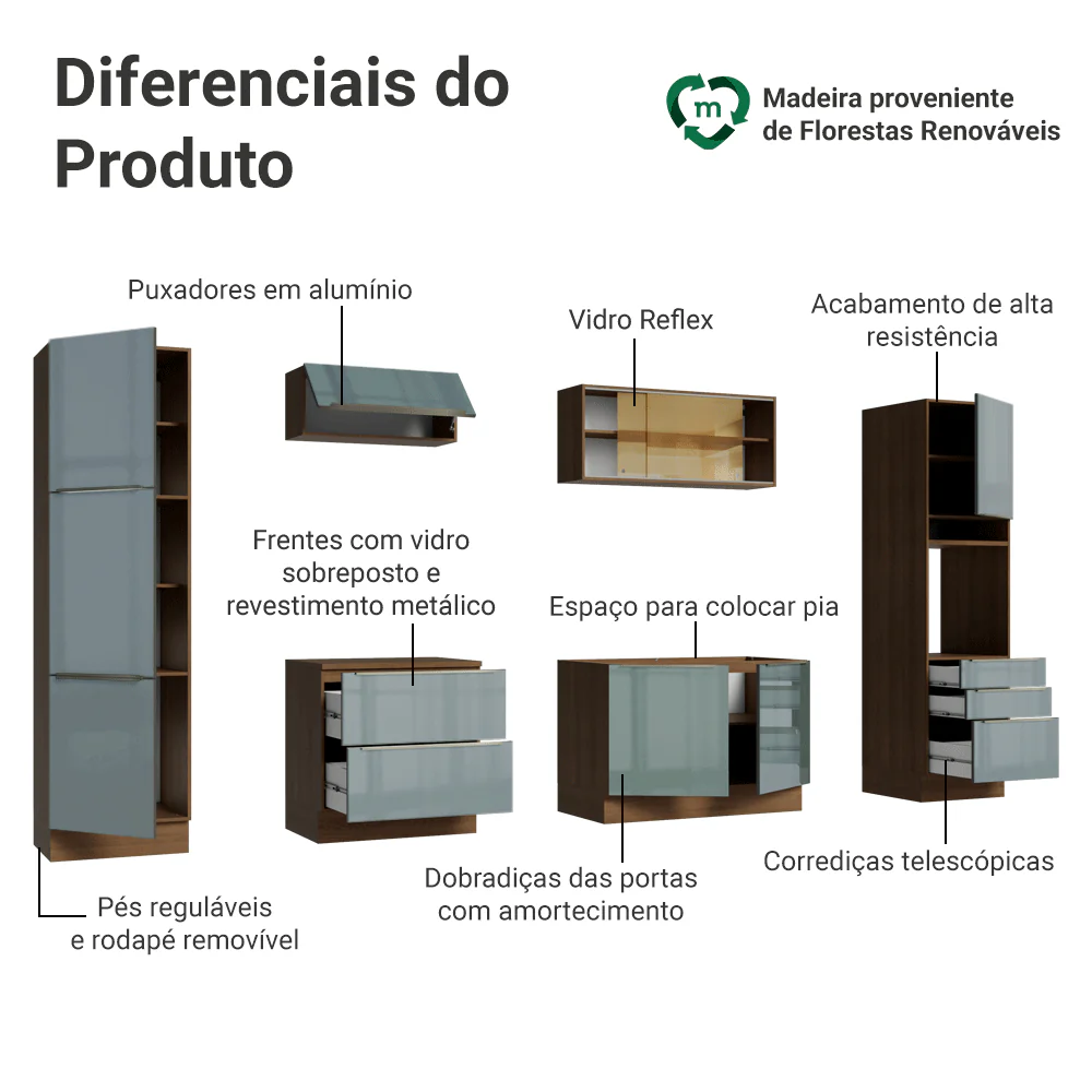 Armário de Cozinha Completa 320 x 60 cm Rustic/Cinza Lux Madesa 01 - Image 4