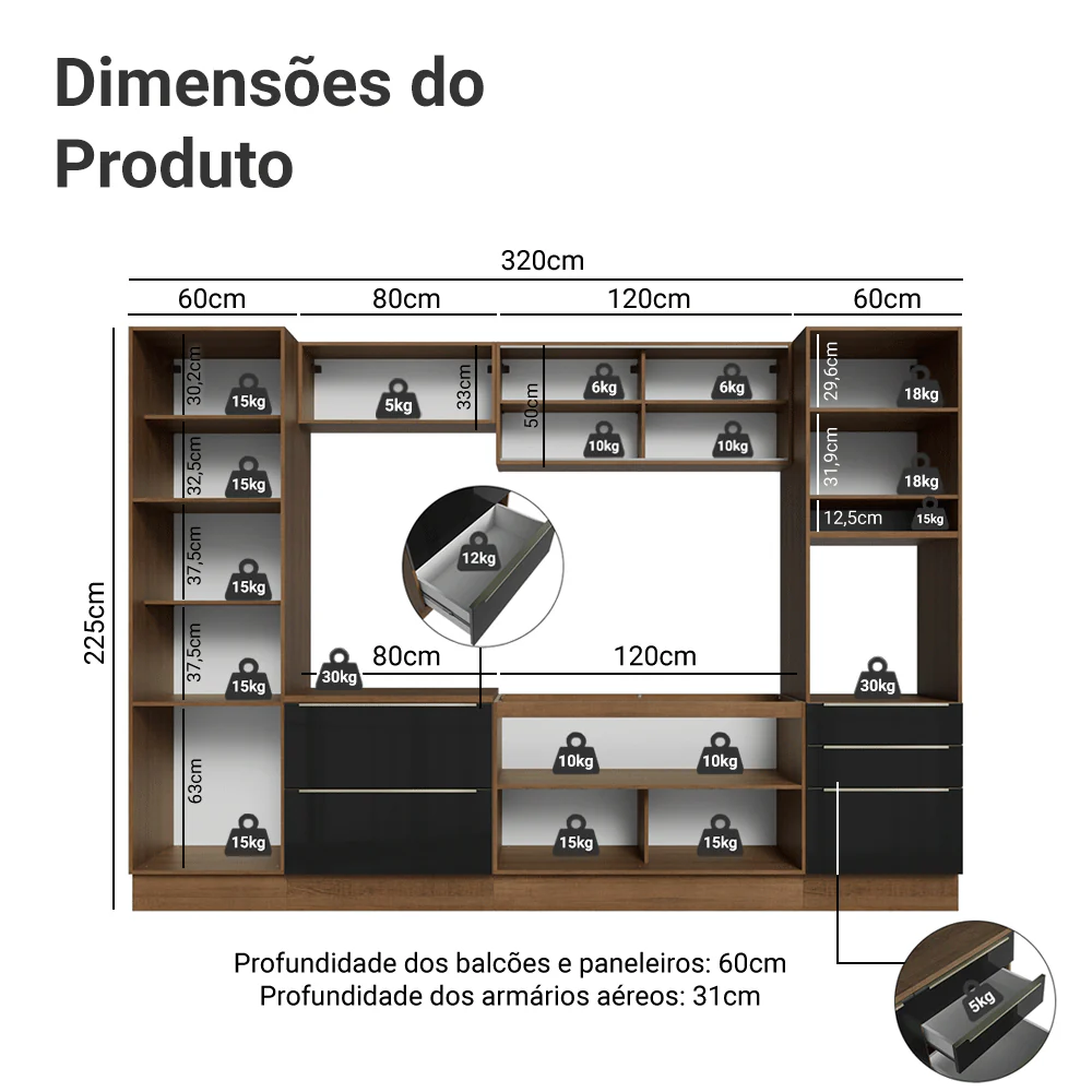 Armário de Cozinha Completa 320 x 60 cm Rustic/Preto Lux Madesa 01 - Image 3