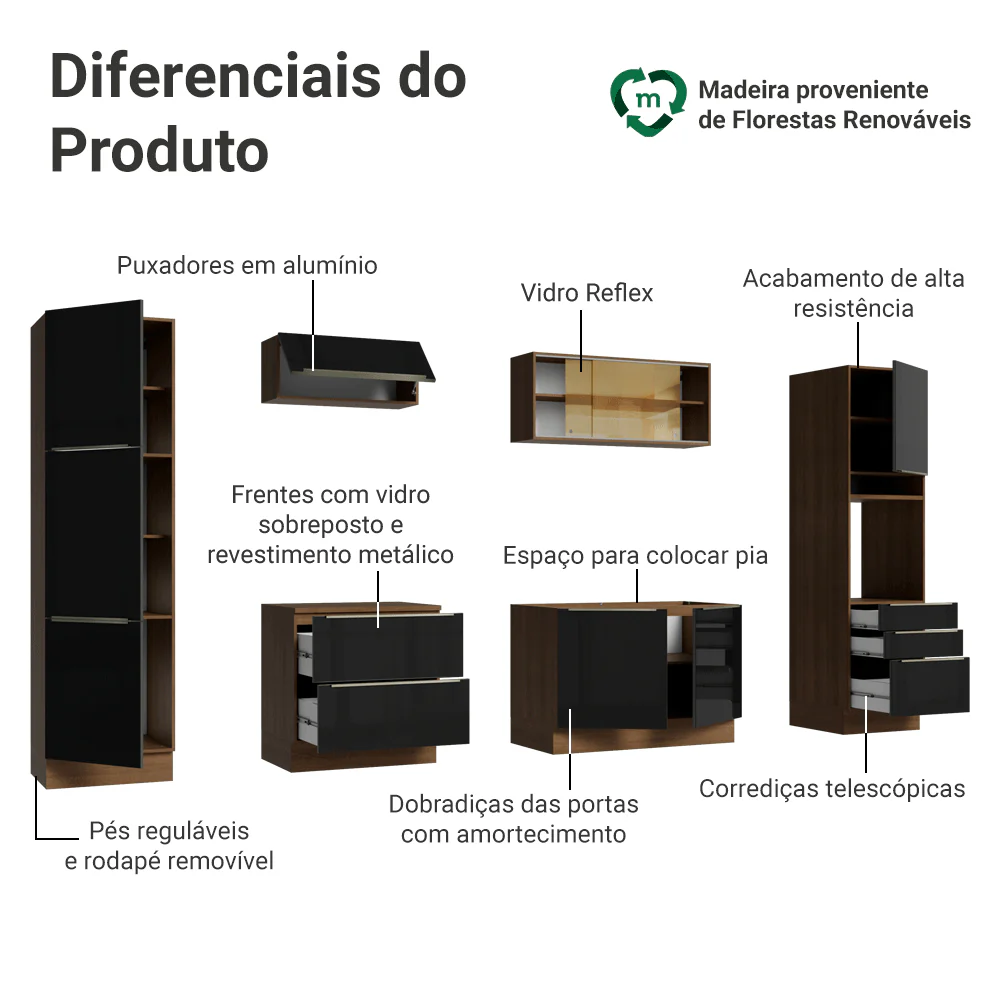 Armário de Cozinha Completa 320 x 60 cm Rustic/Preto Lux Madesa 01 - Image 4
