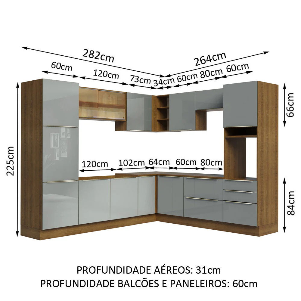 Armário de Cozinha Completa de Canto 546 x 60 cm Rustic/Cinza Lux Madesa 01 - Image 3