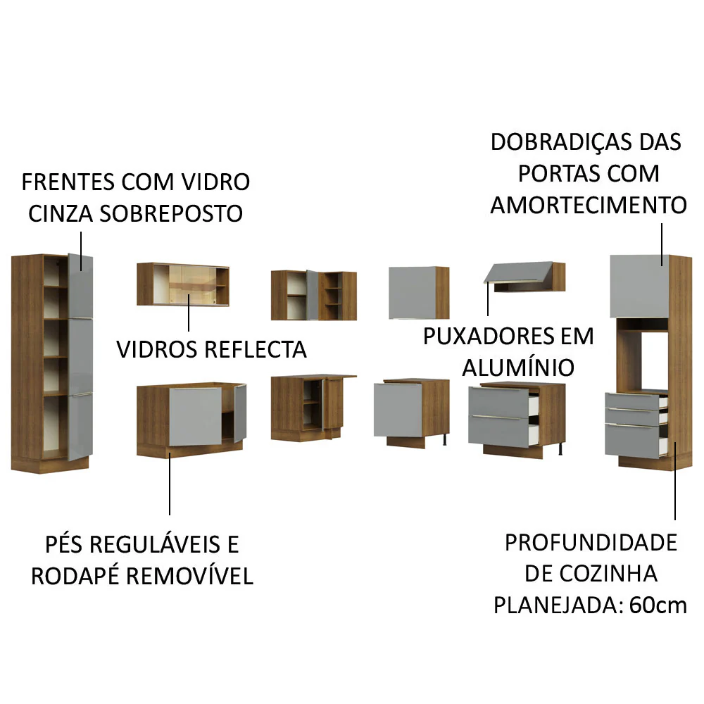 Armário de Cozinha Completa de Canto 546 x 60 cm Rustic/Cinza Lux Madesa 01 - Image 4