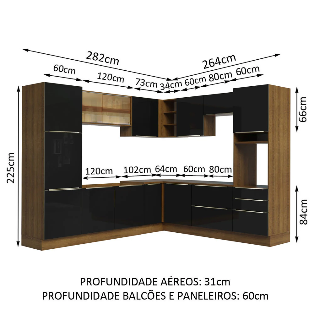 Armário de Cozinha Completa de Canto 546 x 60 cm Rustic/Preto Lux Madesa 01 - Image 3