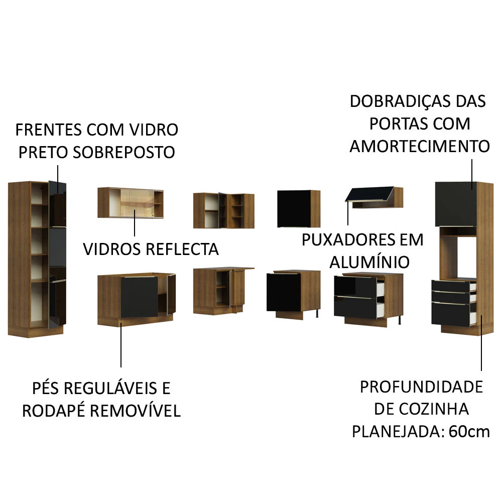 Armário de Cozinha Completa de Canto 546 x 60 cm Rustic/Preto Lux Madesa 01 - Image 4