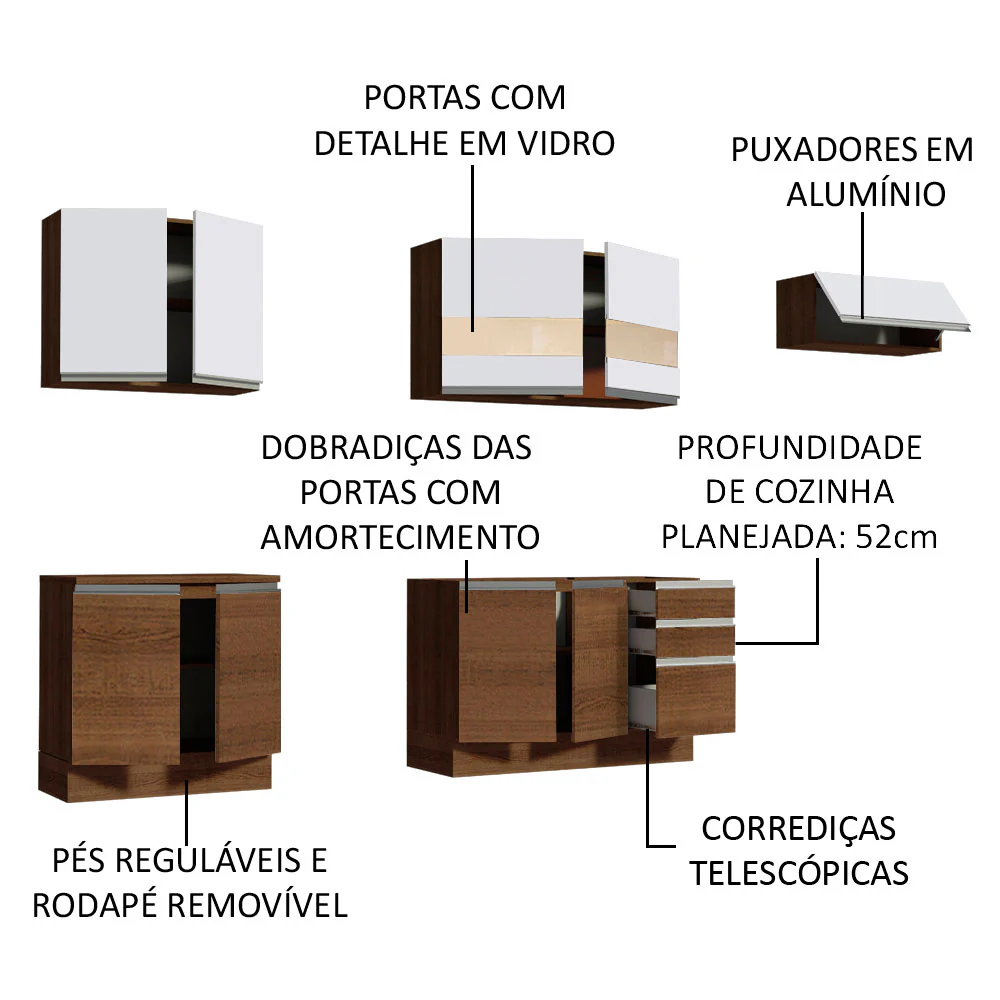 Armário de Cozinha Completa 280cm Rustic/Rustic/Branco Marcela Madesa 03 - Image 4