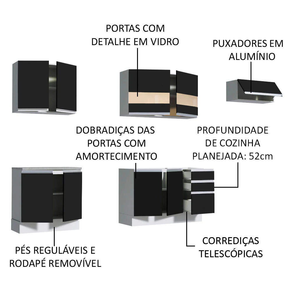 Armário de Cozinha Completa 280cm Branco/Preto Marcela Madesa 03 - Image 4