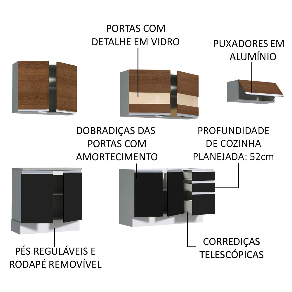 Armário de Cozinha Completa 280cm Branco/Preto/Rustic Marcela Madesa 03 - Image 4