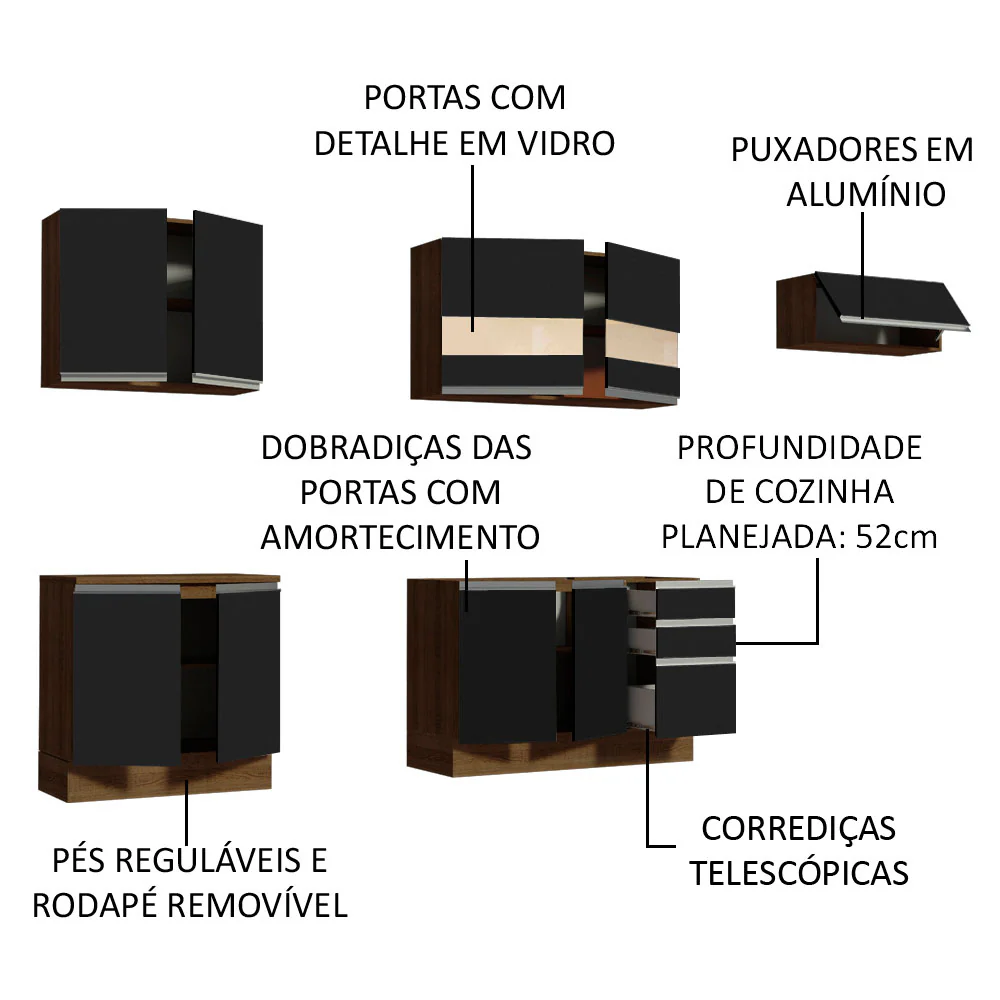Armário de Cozinha Completa 280cm Rustic/Preto Marcela Madesa 03 - Image 4
