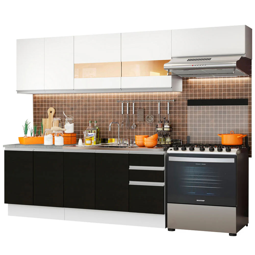 Armário de Cozinha Completa 280cm Branco/Preto/Branco Marcela Madesa 03 - Image 2