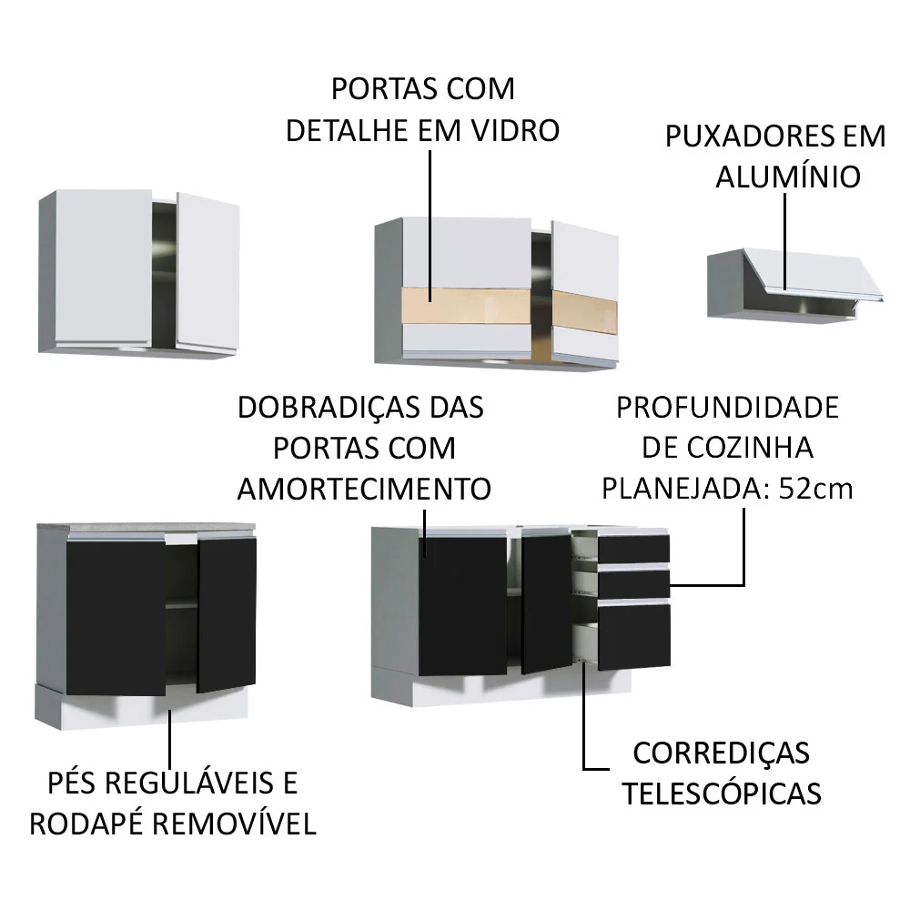 Armário de Cozinha Completa 280cm Branco/Preto/Branco Marcela Madesa 03 - Image 4