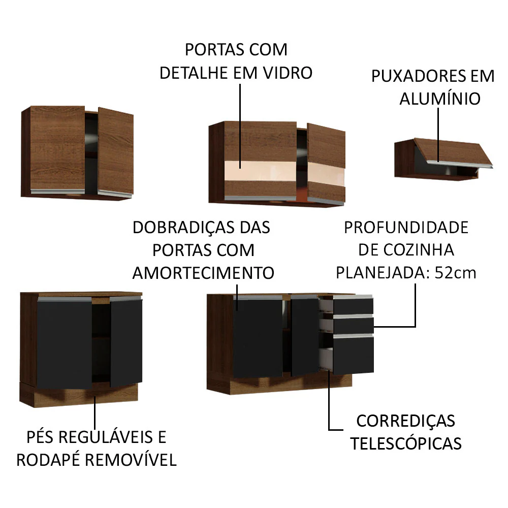 Armário de Cozinha Completa 280cm Rustic/Preto/Rustic Marcela Madesa 03 - Image 4