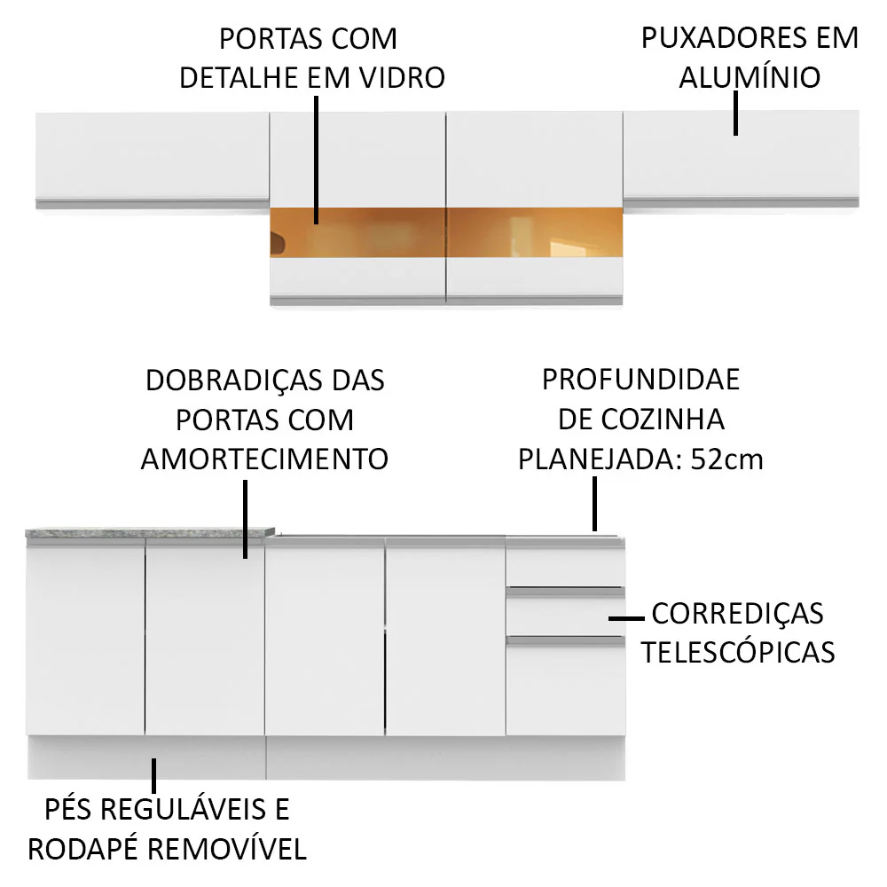 Armário de Cozinha Completa 280cm Branco Mariana Madesa 02 - Image 3