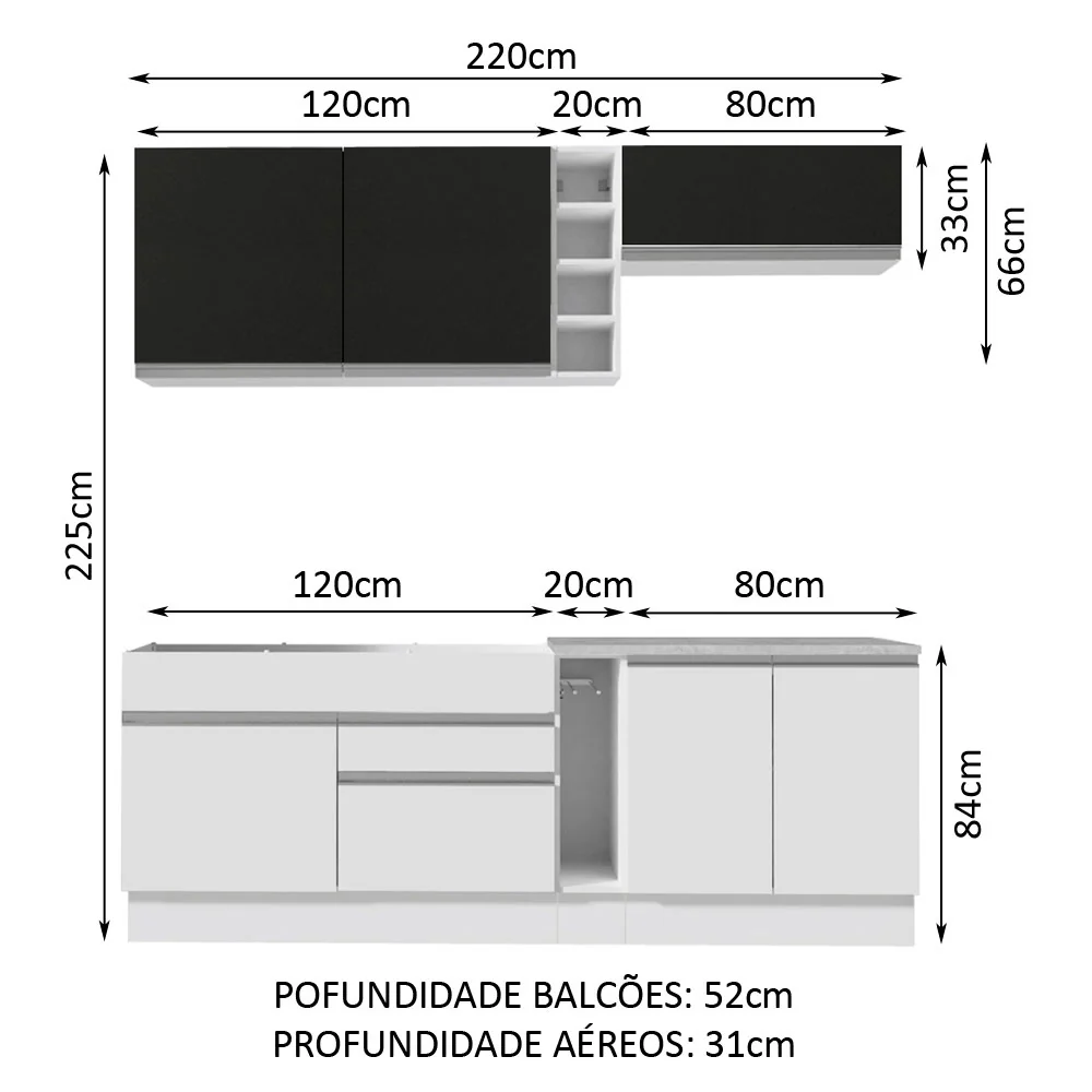 Armário de Cozinha Completa 220cm Branco/Branco/Preto Parma Madesa 03 - Image 3